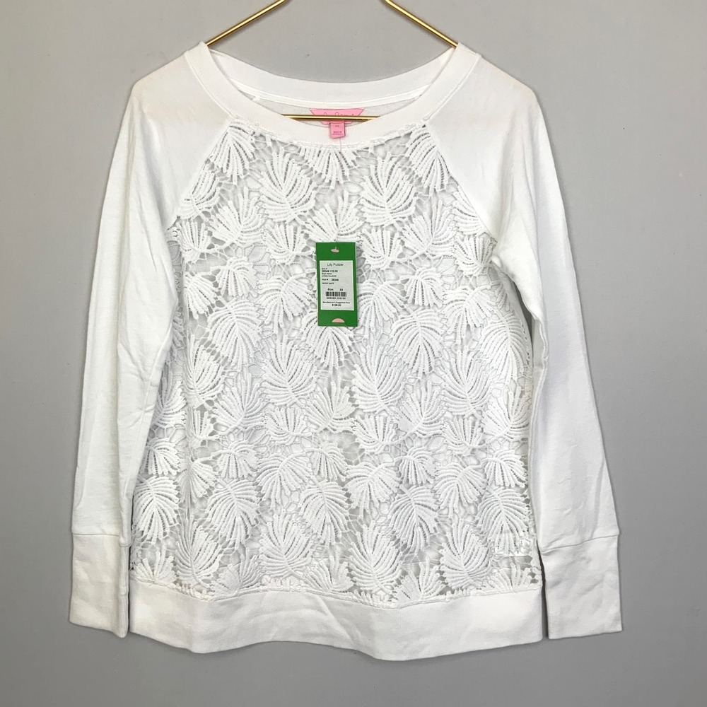 NWT Lilly Pulitzer Sz XS White Citron Leaf Lace Front Long Sleeve Pullover Top